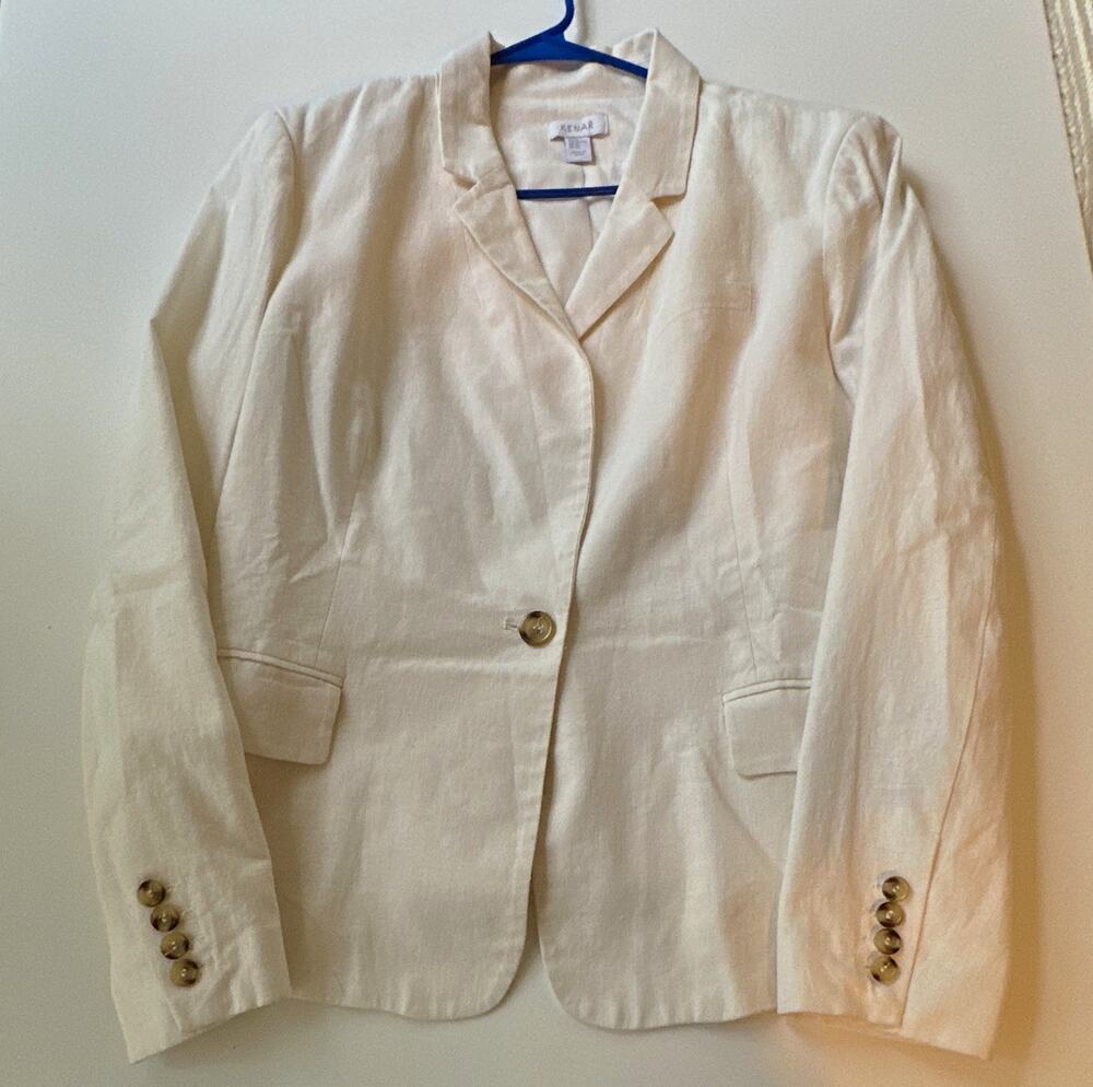 KENAR Women’s Cream Lined Blazer Jacket School Boy Vibes Solid Linen Size XL EUC
